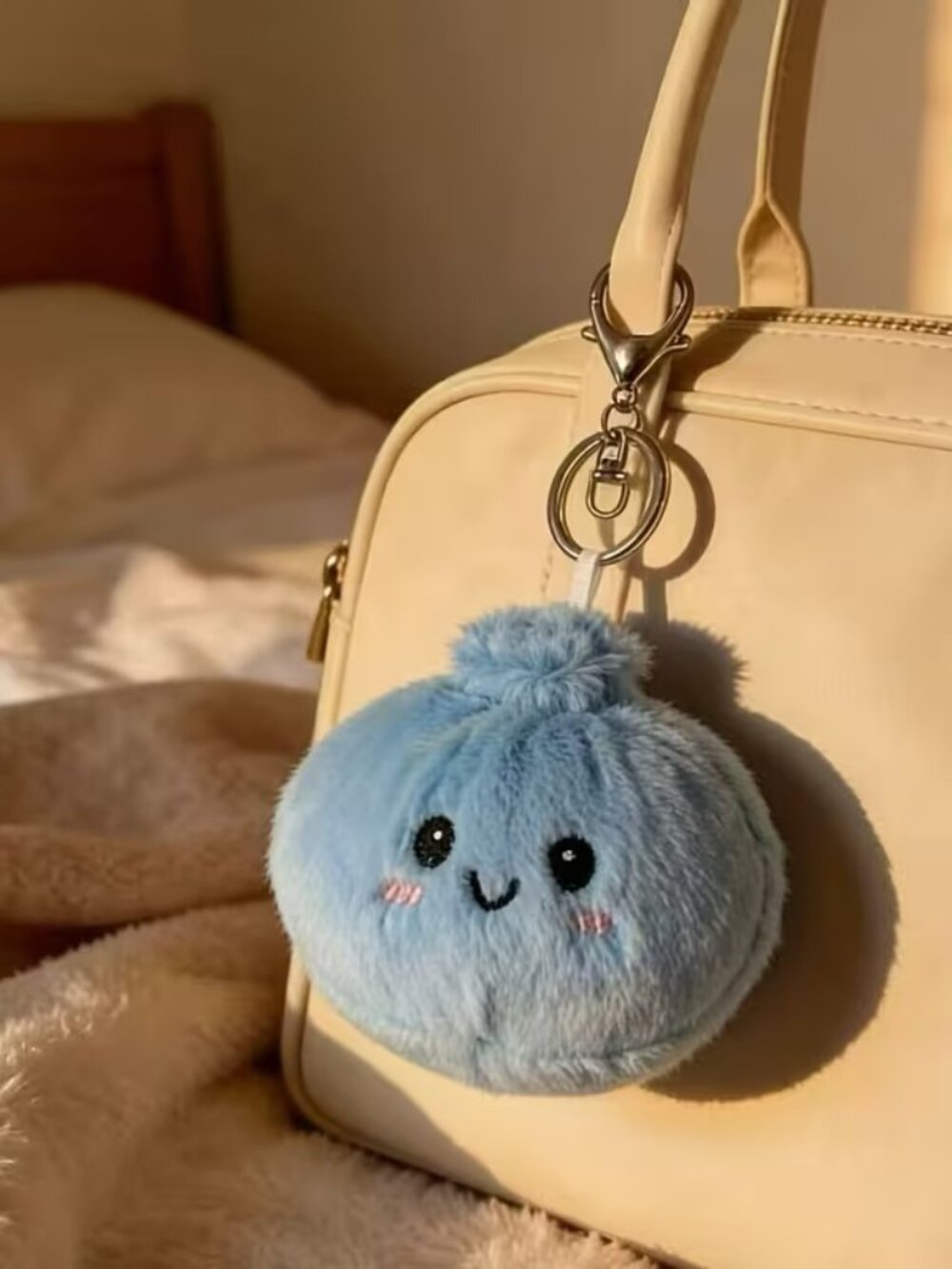BLUE Plush Dumpling Chinese Keychain. Steamed bun-shaped dolls.